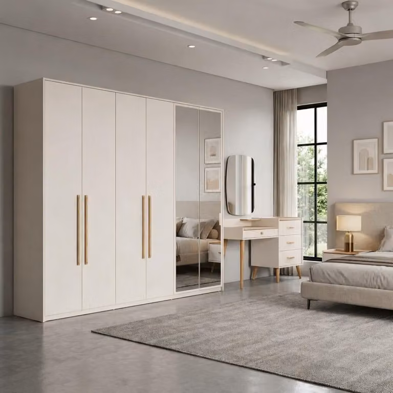 Set moderno per camera da letto, bianco, composto da: armadio lussuoso e comò in legno (2 pezzi)