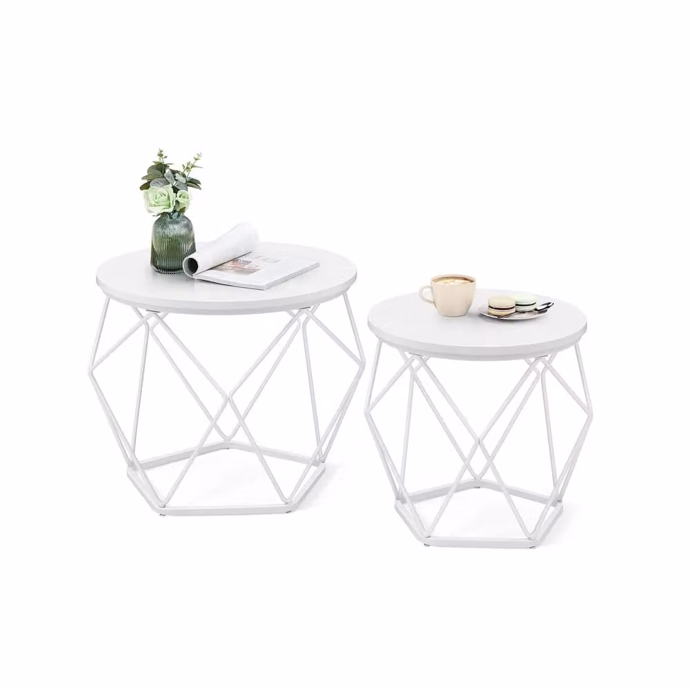 Set di 2 Tavolini da Caffè Rotondi ad Incastro, Bianco Nuvola / Struttura Bianca