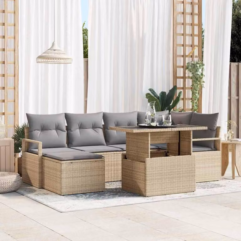 Maison Exclusive - Set da giardino composto da 7 pezzi. Divano e poltrone in rattan sintetico, color beige e grigio chiaro