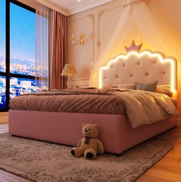 Letto 140x200 cm rosa – LED, letto estraibile e 2 cassetti, senza materasso