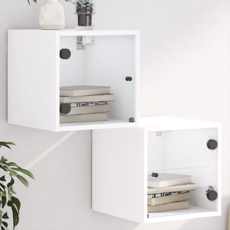 Set di 2 comodini vidaXL con ante in vetro, colore bianco, L/P/H: 35 x 37 x 35 cm