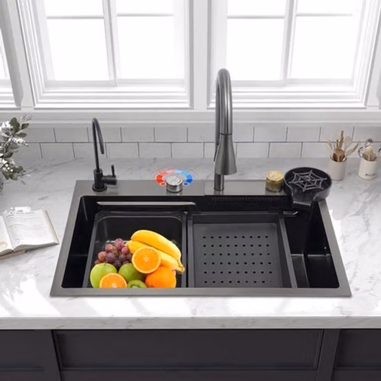 Set di lavelli da cucina in acciaio inossidabile - Lavello singolo grande - Con design a cascata per piano di lavoro