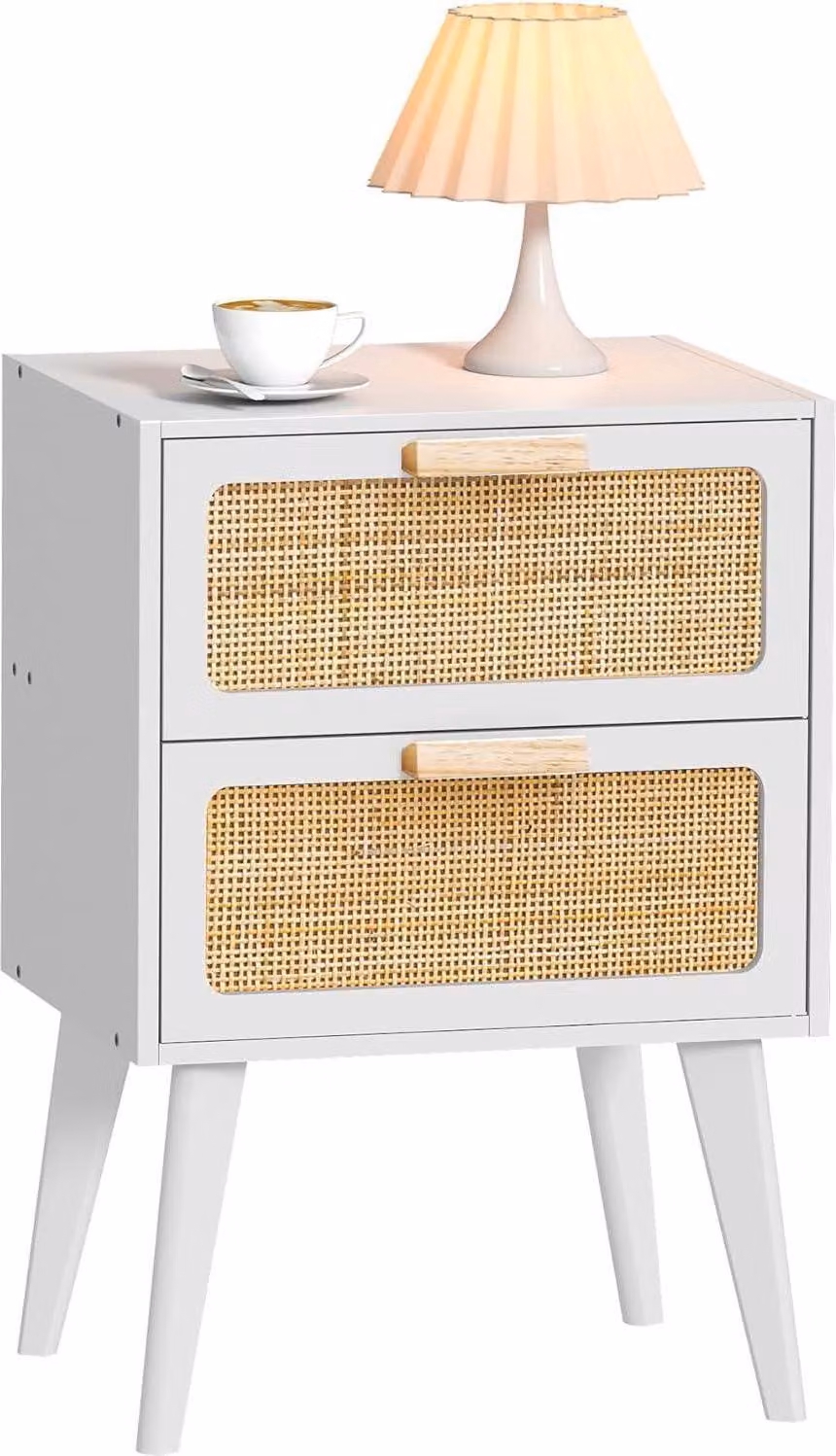 Comodino in rattan con 2 cassetti in rattan decorati a mano, Boho