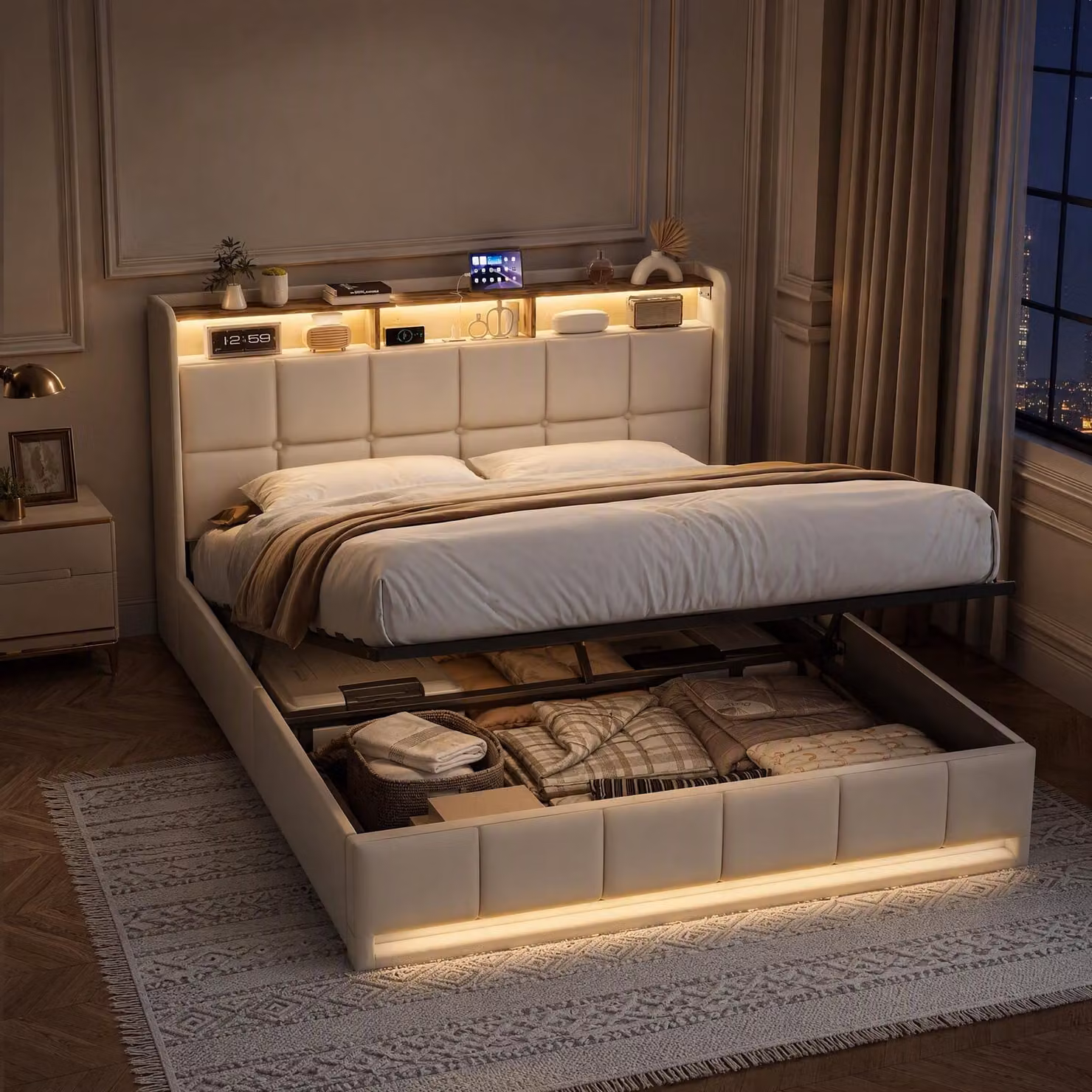 Letto imbottito ProximaX 140x200 cm in tessuto di lino beige, letto contenitore pneumatico con illuminazione a LED, letto contenitore con stazione di ricarica USB