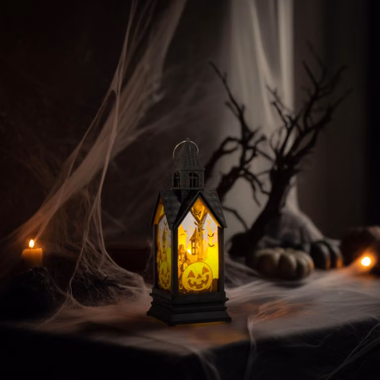 Decorazione luminosa per Halloween - zucca - LED gialla - 17,5 x 6,3 x 6,3 cm - 3 batterie LR44