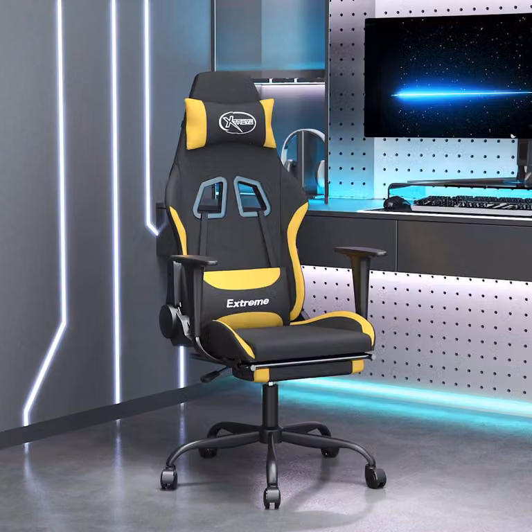 Sedia da Gaming vidaXL con Massaggio e Poggiapiedi in Tessuto, Nero e Giallo
