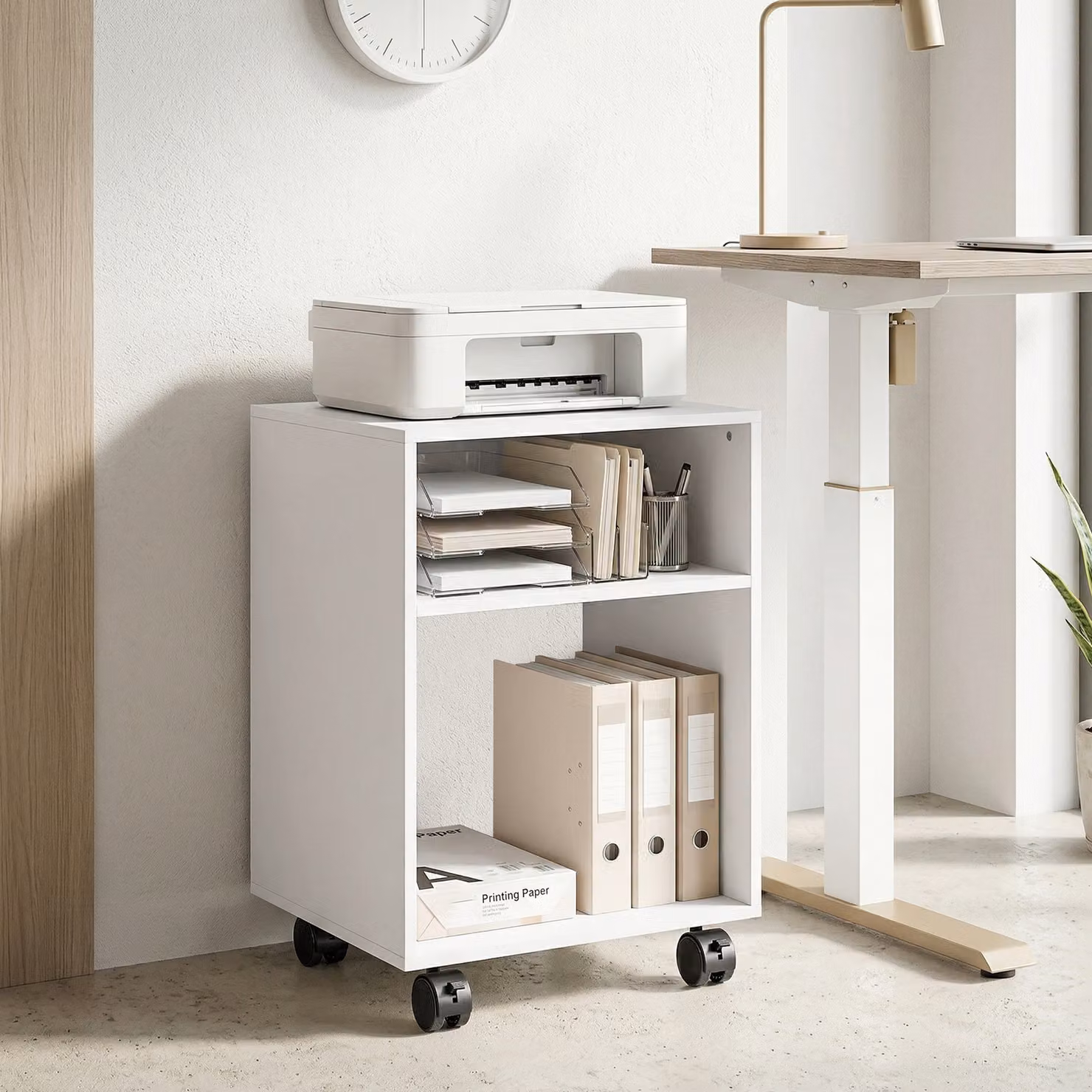 HOMCOM Mobile Porta Stampante in Legno con Ruote a Freno e 2 Scomparti Aperti, Bianco, L 40 cm x P 35 cm x H 55 cm – 2