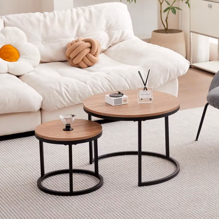 Set di tavolini impilabili, 2 pezzi, forma rotonda, color marrone scuro, dimensioni 60x45 cm e 40x35 cm