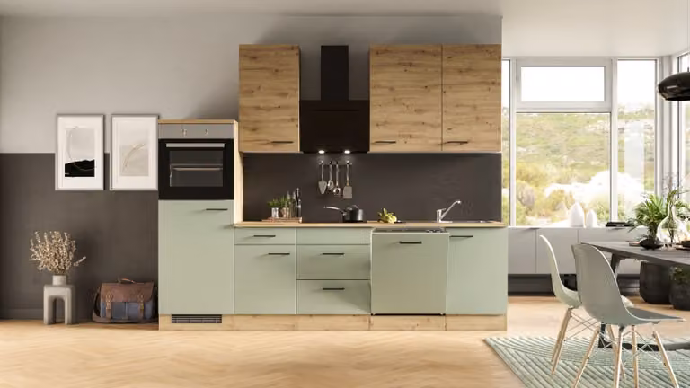 Mobile cucina con elettrodomestici Flex Well Cara 280 cm colore frontale rovere verde opaco colore mobile rovere