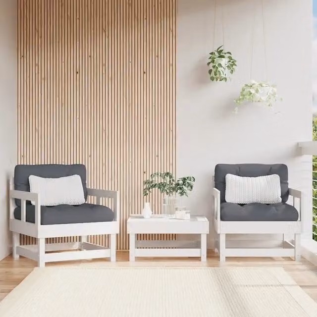 Set di 2 sedie da giardino in legno di pino bianco con cuscini e braccioli per esterno