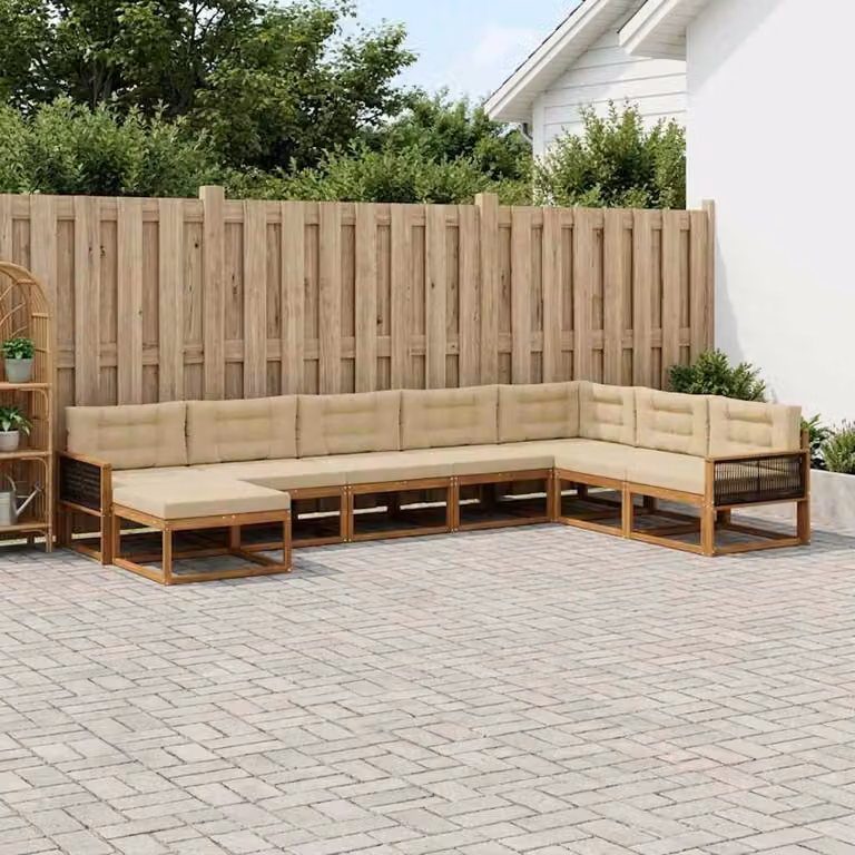 Set di divani da esterno vidaXL a forma di L in legno di acacia con cuscini, 8 pezzi, Marrone e Beige