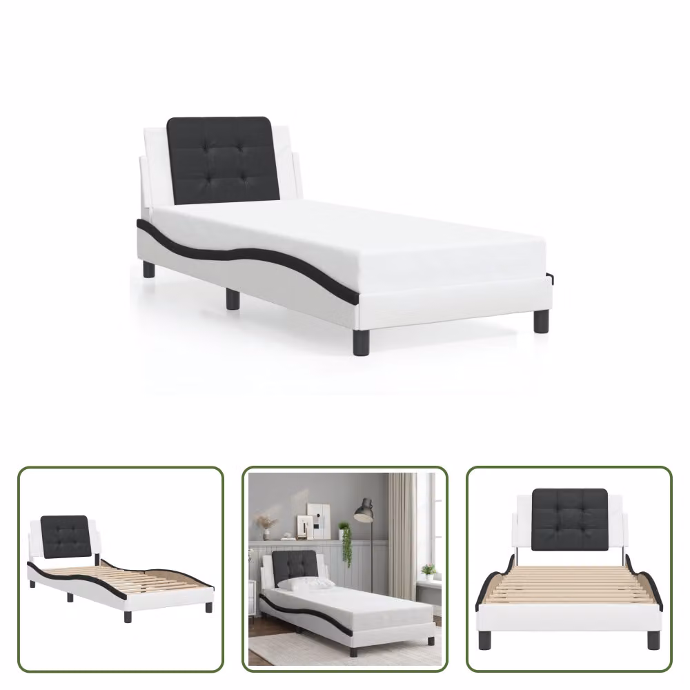 The Living Store Struttura letto con testiera bianca e nera 80x200 cm in ecopelle