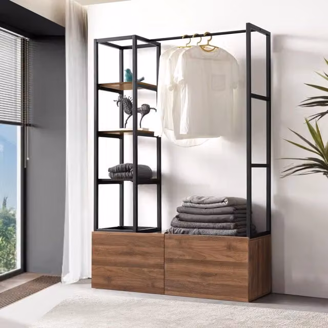 Armadio Aperto Egmating per Guardaroba 180 x 120 x 40 cm - Color Noce / Nero [en.casa]