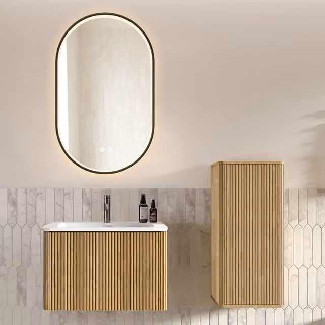 Set Mobili Bagno Colore Rovere con Mobile Bagno Sospeso 60 cm; Lavabo e Specchio Ovale LED