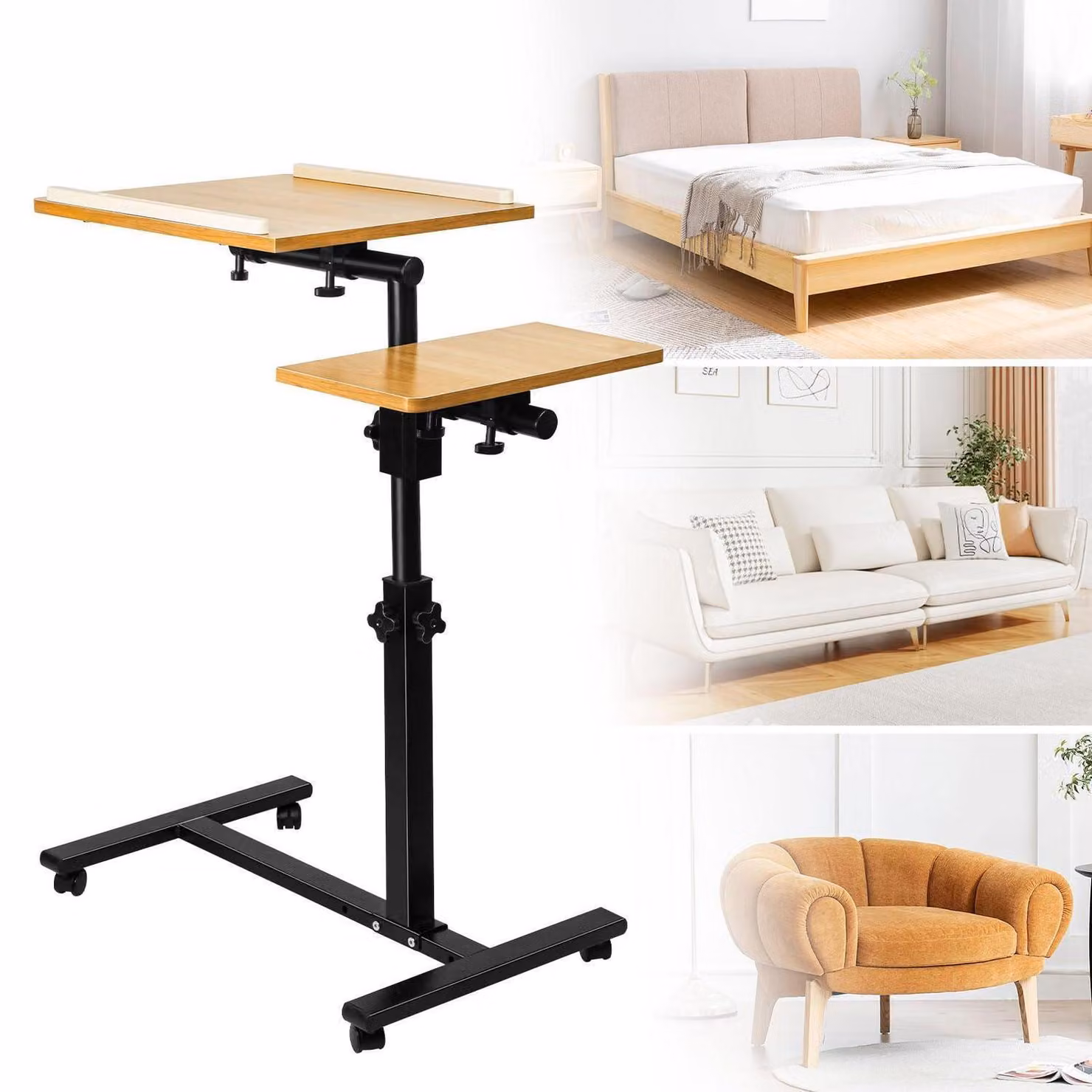 Scrivania regolabile in altezza per computer portatile, dimensioni 61x44x65/95 cm, aspetto legno, struttura in acciaio con rotelle