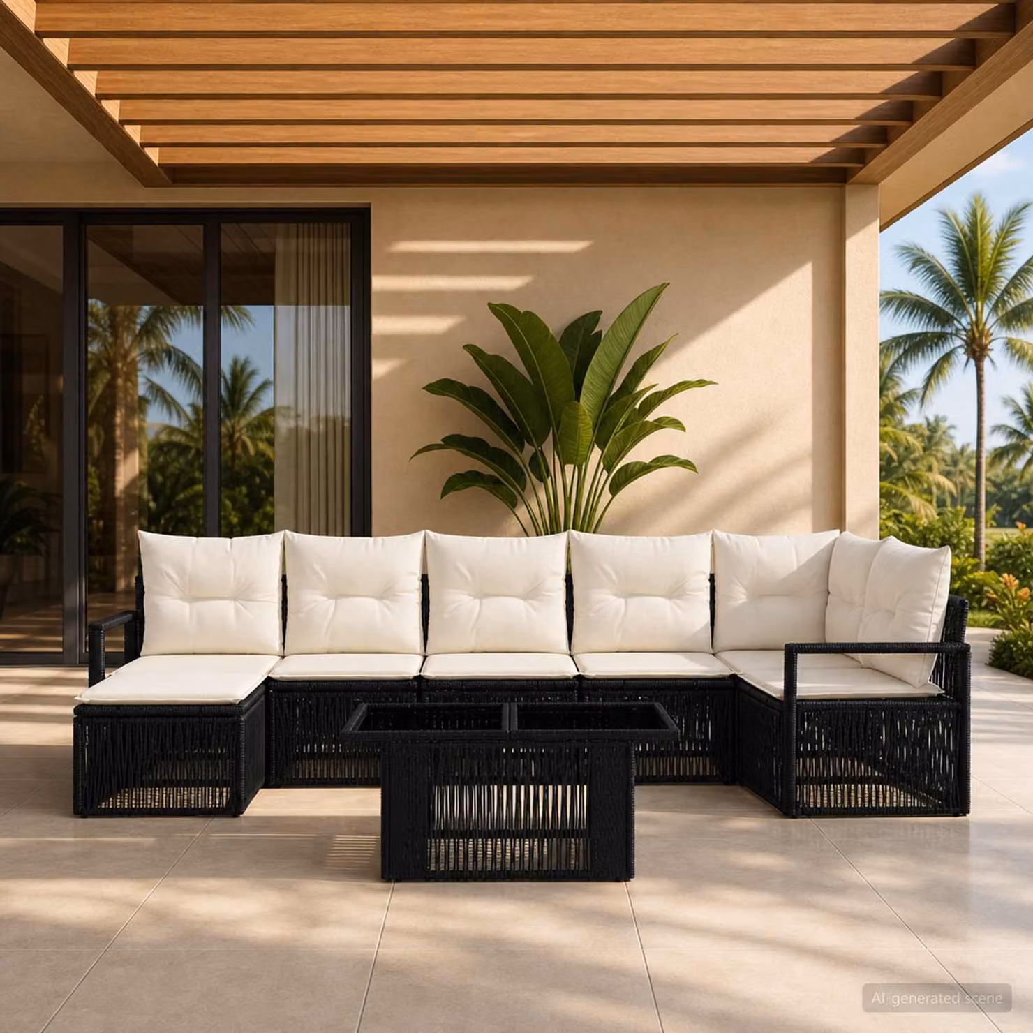 Set Divano da Giardino vidaXL 8 pz in Polyrattan Nero e Bianco Crema con Cuscini e Tavolino