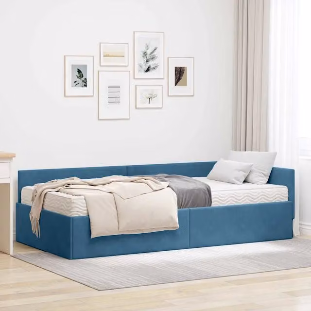 Struttura Letto Angolare con 2 Materassi in Velvet Blu vidaXL L 200 x P 90 x H 57 cm