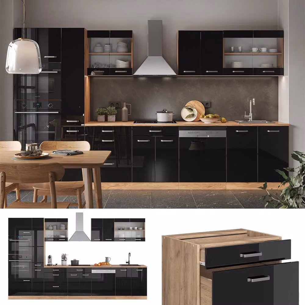Cucina componibile moderna Vicco R-Line Nero lucido e Rovere dorato, larghezza: 350 cm, con armadio alto e senza piano di lavoro – 2