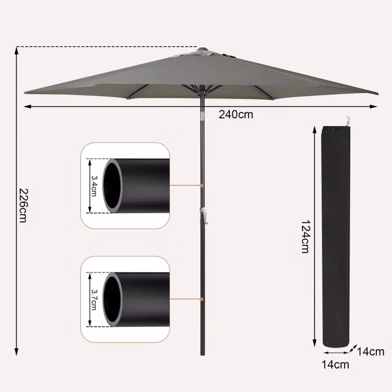 Ombrellone esagonale - Ombrellone da giardino - 240 cm - Grigio scuro - Resistente ai raggi UV - Impermeabile - Con manovella - Inclinabile fino a 45°