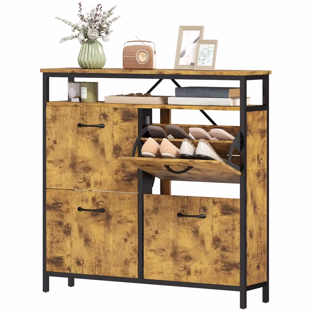 Scarpiera in stile industriale con 4 cassetti a ribalta e scaffale aperto, struttura in metallo e legno, colore marrone e nero, L/P/H: 98 x 24 x 95 cm – 2