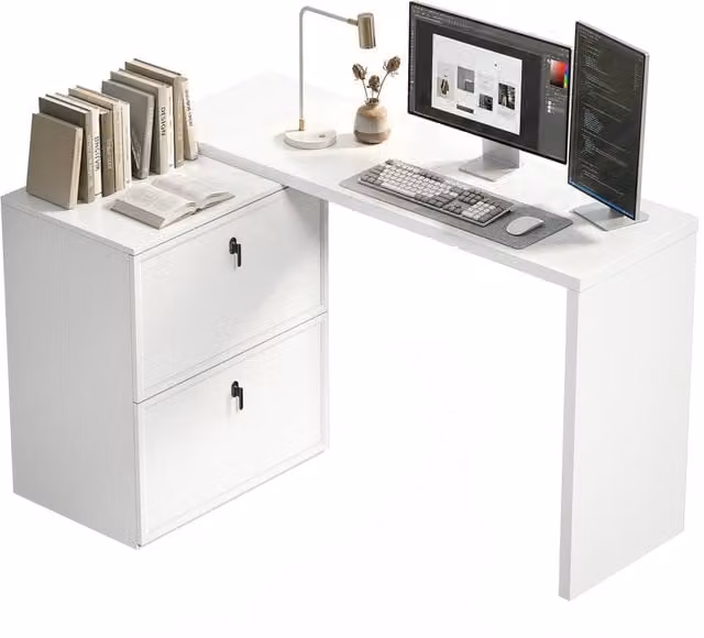 Scrivania Angolare Moderna Zephmum con 2 Cassetti Bianco L 90 cm x P 50 cm x H 75 cm