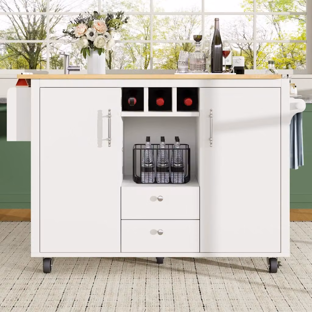 Isola cucina WISHDOR con piano ribaltabile, 2 cassetti, ruote girevoli e vano portabottiglie, bianco, L/P/H: 137,9 x 73 x 92,2 cm – 2