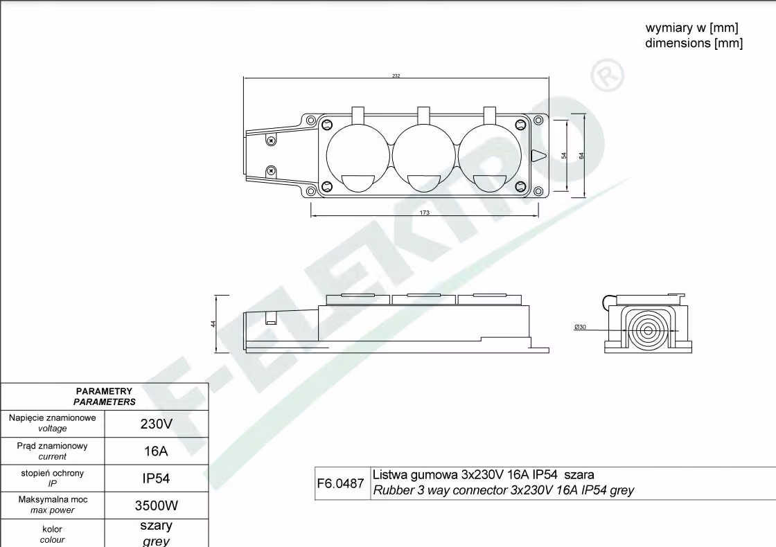 F-Elektro, barra di connessione in gomma con 3 prese da 230V, 16A, grado di protezione IP54, colore grigio