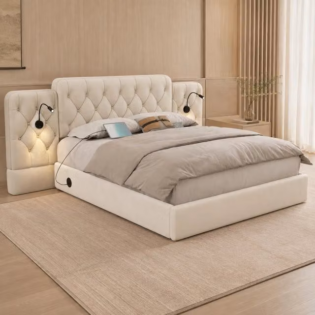 Letto matrimoniale MODFU in velluto beige con contenitore, luci lettura integrate e porte USB, L/P: 160 x 200 cm