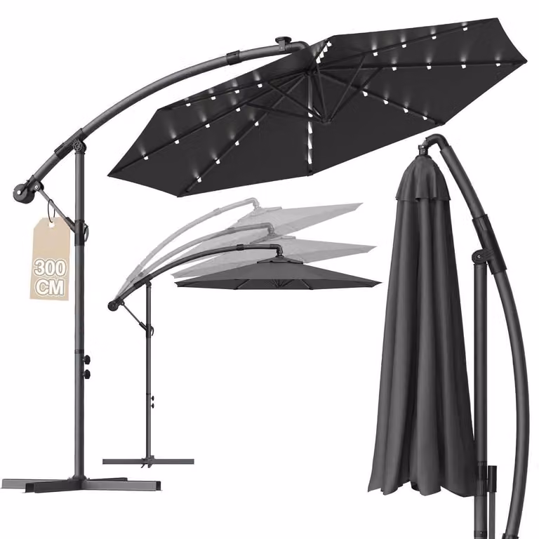 Ombrellone con manovella, diametro 330 cm, colore grigio scuro, rotazione a 360°, con illuminazione