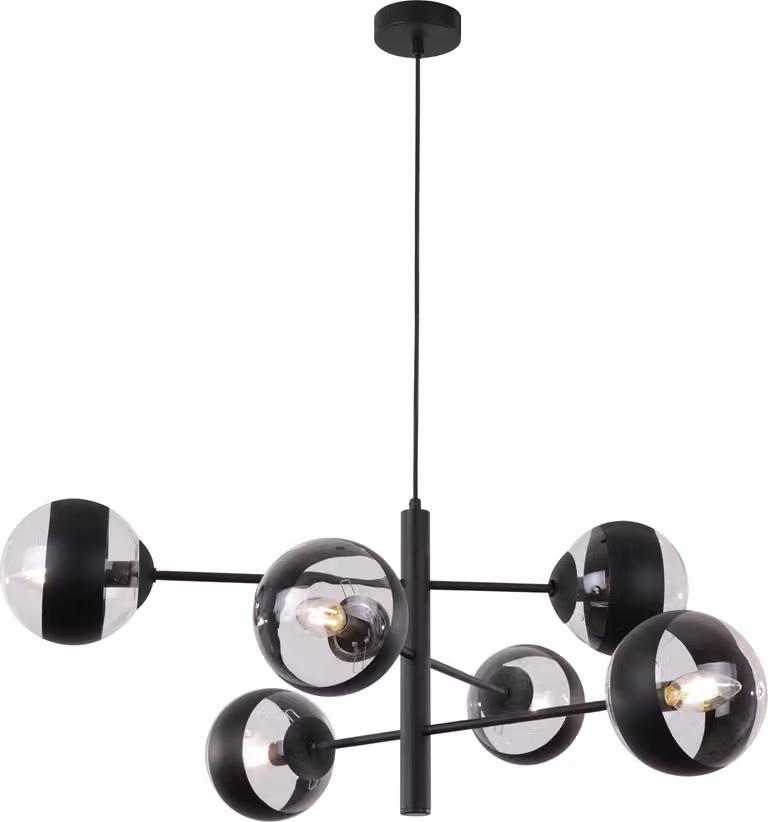 Lampada a sospensione Toledo nera a 6 luci con paralumi neri E14