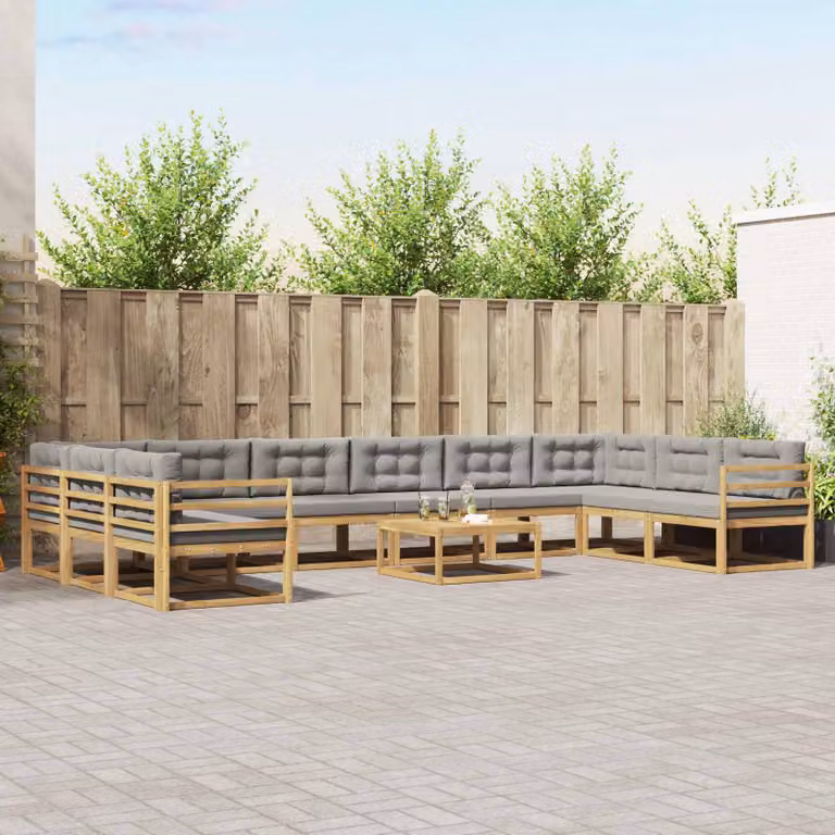 vidaXL Set di divani da esterno a L composto da 11 pezzi in legno di acacia con cuscini, Bianco, Grigio e Marrone