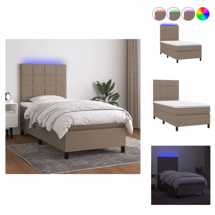 vidaXL Letto a molle con materasso e tessuto LED Taupe 80x200 cm - Letti & strutture letto
