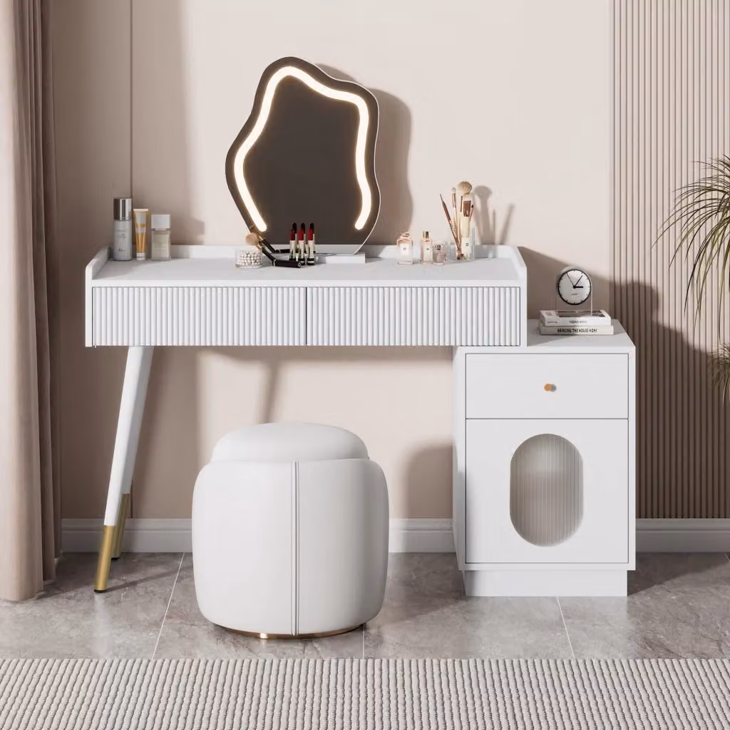 Toeletta FOLYNA bianca con LED touch, 2 cassetti e armadietto, L: 100 cm, P: 40 cm, H: 75 cm – 2