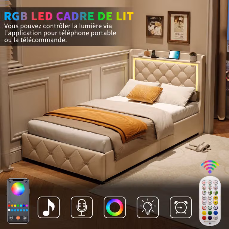 Letto singolo 90 x 200 cm, spazio contenitore, testiera con ripiani, illuminazione a LED, porta USB-C, rivestimento in velluto, beige