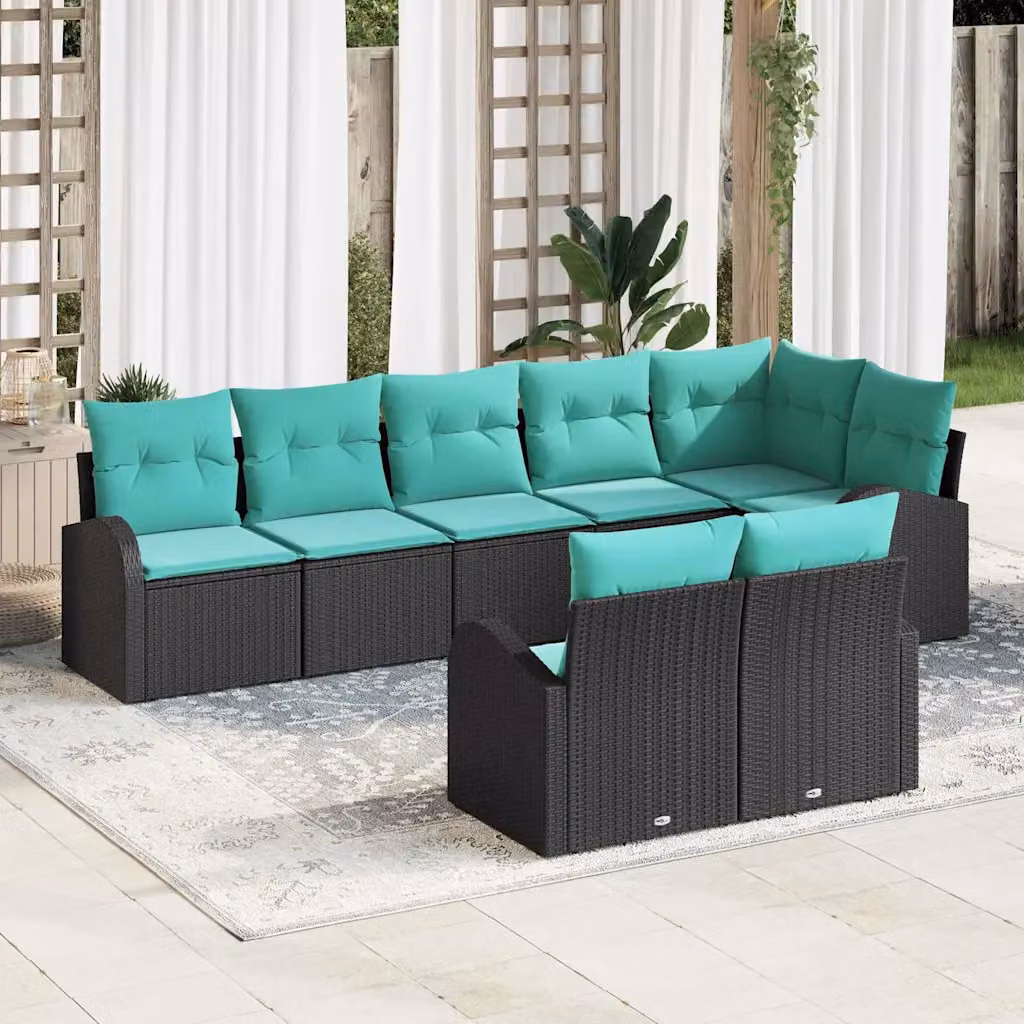 Set Divano da Giardino vidaXL 8 pz a forma a U in Polyrattan con Cuscini Nero e Turchese