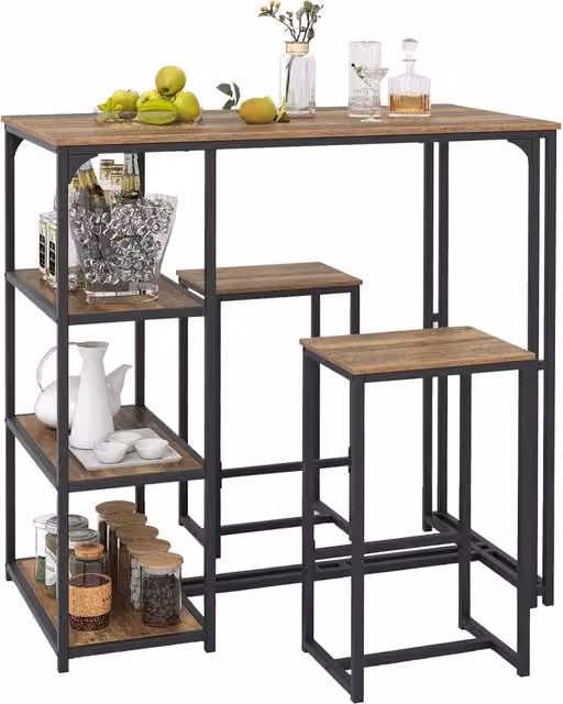 Set di Tavolo da Bar con 2 Sgabelli e 3 Ripiani Portaoggetti Costway, Design Industrial in MDF e Metallo, Colore Marrone e Nero, L/P/H: 110 x 60 x 110 cm