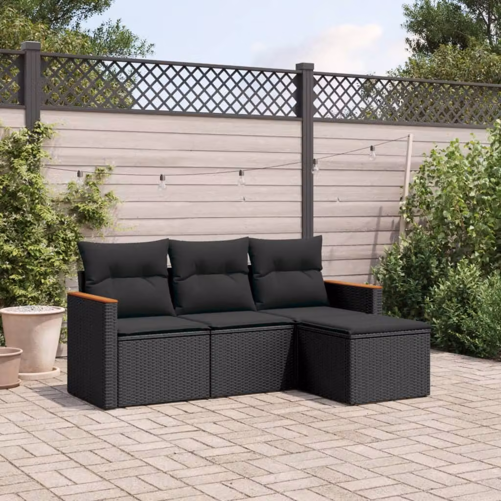 Set di divani da giardino vidaXL in polyrattan nero con cuscini, componibile a forma di L per esterno e terrazza – 1