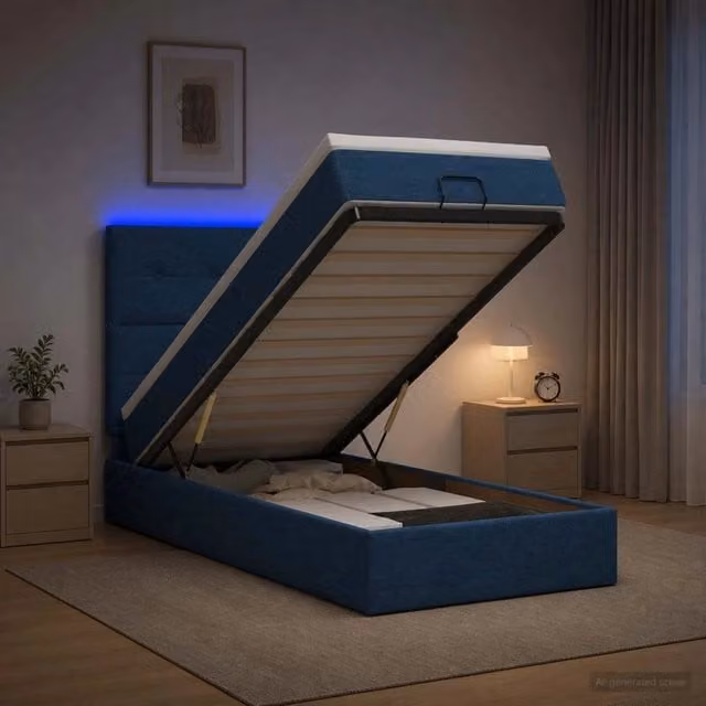Letto Ottomano vidaXL con Materasso Ibrido, Illuminazione LED Sotto il Letto e Porte USB, Tessuto Blu e Bianco, L/P/H: 190 x 90 x 88 cm