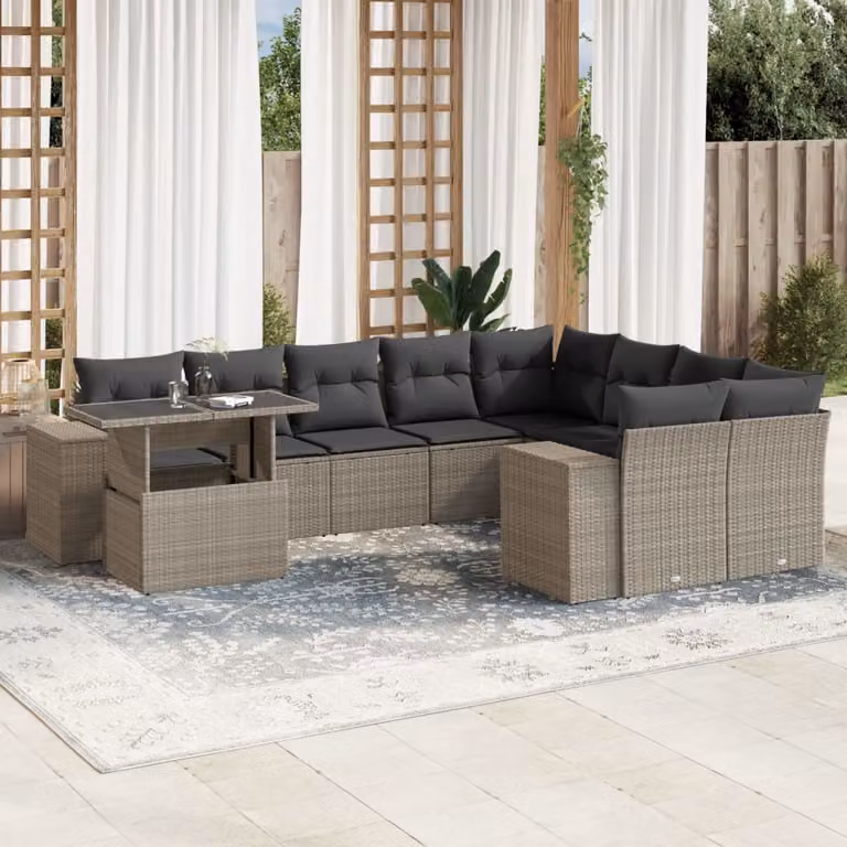 Set Divano da Giardino vidaXL 10 Pezzi a Forma di L con Cuscini Antivento Grigio Antracite e Tavolino in Vetro
