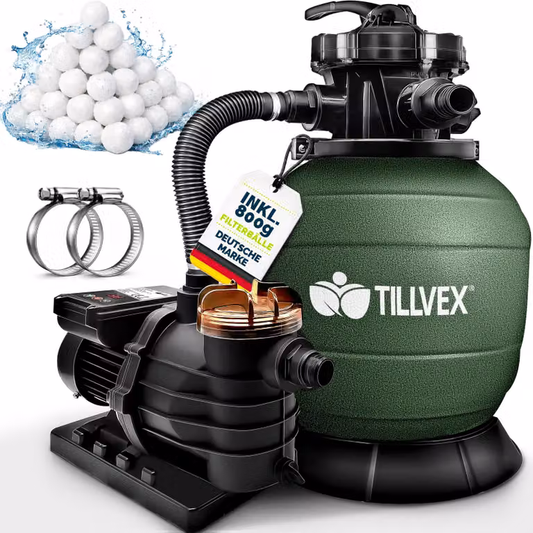 Impianto di filtrazione a sabbia Tillvex per piscina con timer 10 m³/h, incl. 800 g di sfere filtranti verdi | Impianto di filtrazione con valvola a 7 vie e adattatore 2 in 1 Ø 32 mm - 38 mm | Filtro per piscina con manometro | Filtro a sabbia per piscine