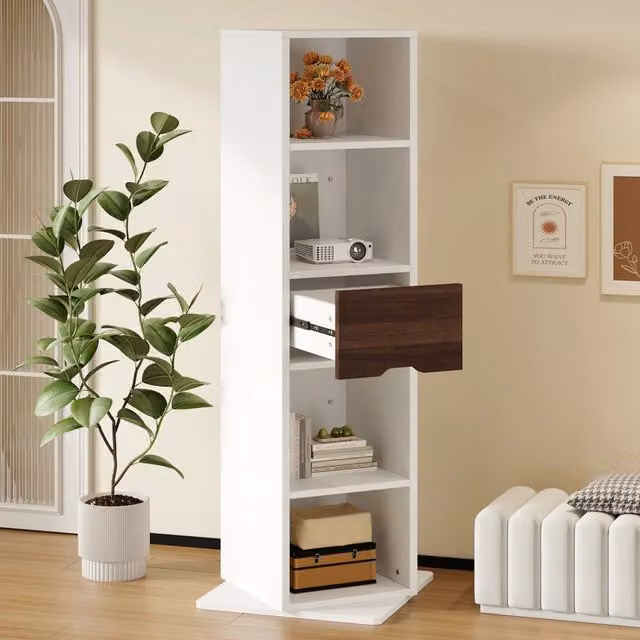 Armadio espositivo girevole WISHDOR con specchio a figura intera, bianco, in MDF, con 4 vani aperti e 1 cassetto, L/P/H: 45 x 45 x 168 cm