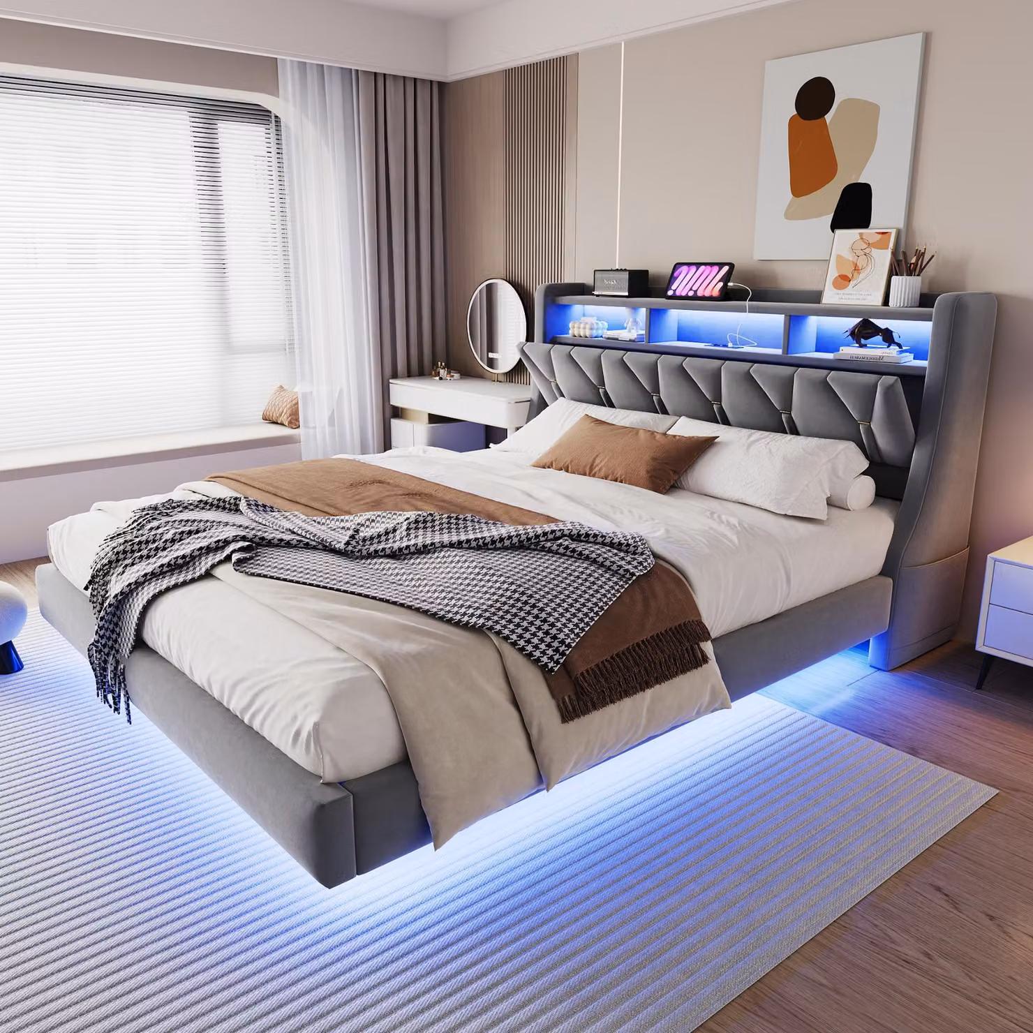 MODFU Letto imbottito 180x200 con luce LED e cassetto, letto matrimoniale con contenitore, struttura letto con contenitore, letto in legno con struttura rinforzata, grigio