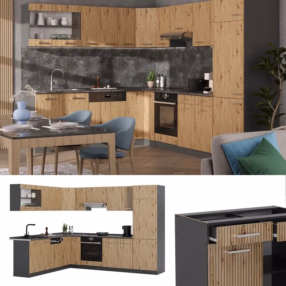 Cucina angolare moderna Vicco R-Line in rovere e antracite con piano in marmo, L/P/H: 287 x 227 cm – 2