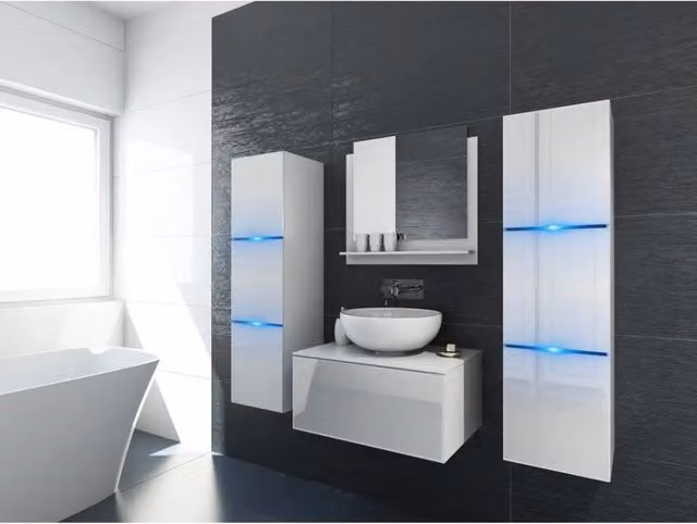 Set mobili da bagno bianco collezione OWL. 2 colonne, mobile sottolavabo, specchio