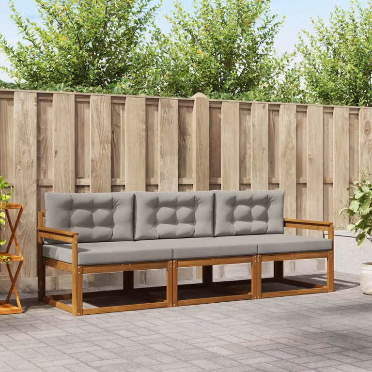 Set di divani da esterno vidaXL 3 pz in legno di acacia con cuscini Grigio e Marrone