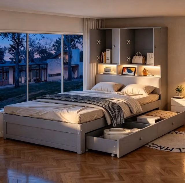 Letto singolo ULEVR 90x200 cm con 2 cassetti, LED e prese integrate, testiera imbottita grigia