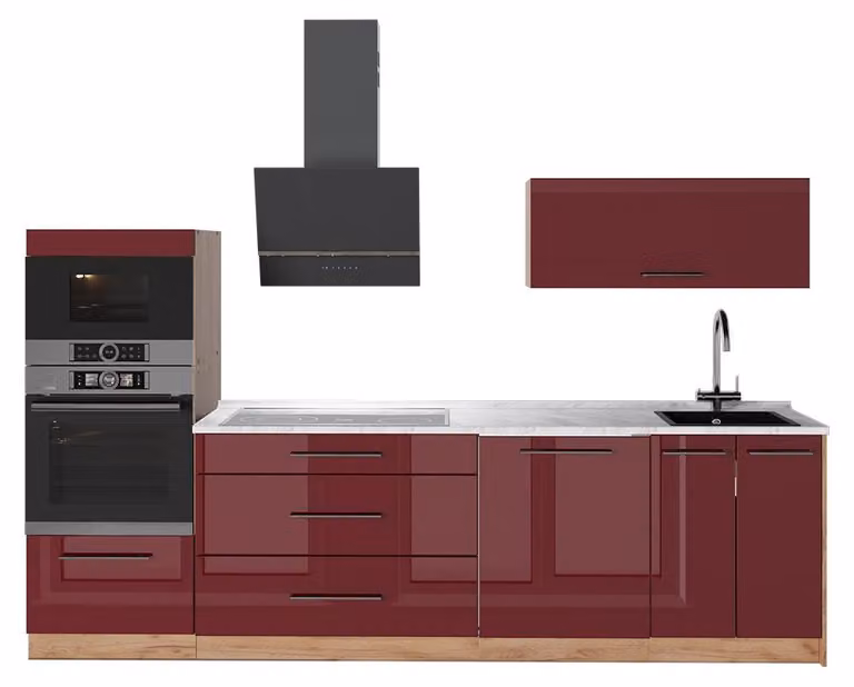 Cucina componibile Vicco Fame-Line Bordeaux lucido/Rovere dorato 280 cm, PL Marmo, Model 64697
