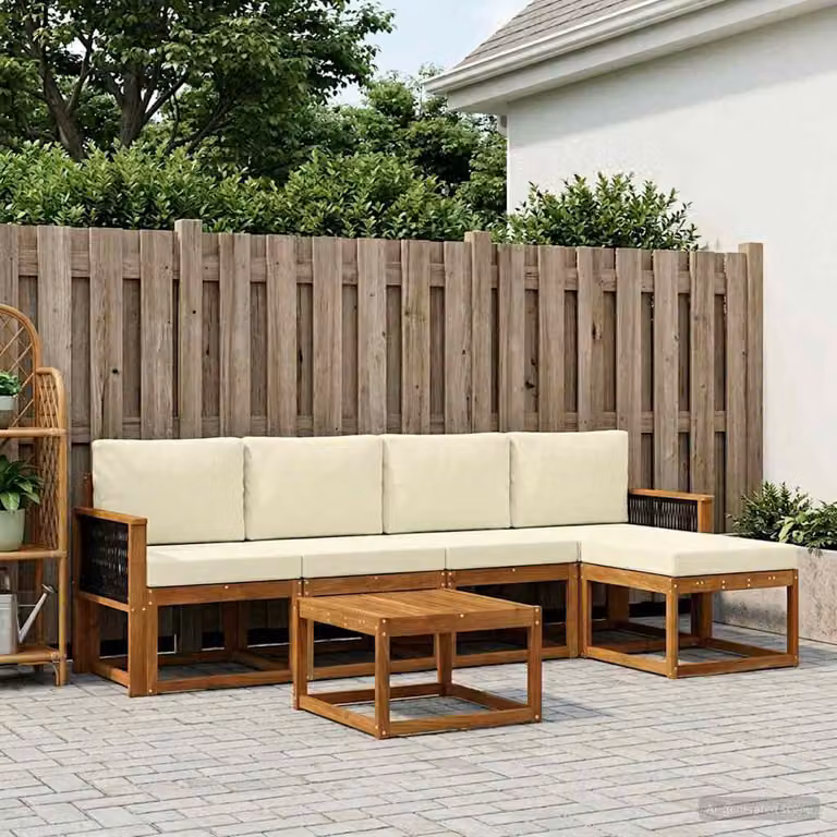 Set di divani da esterno vidaXL a forma di L composto da 6 pezzi con tavolino e pouf, in legno di acacia e tessuto beige e bianco