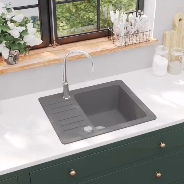 Lavello da Cucina in Granito Vasca Singola-Lavandino-Lavabo Grigio 690267