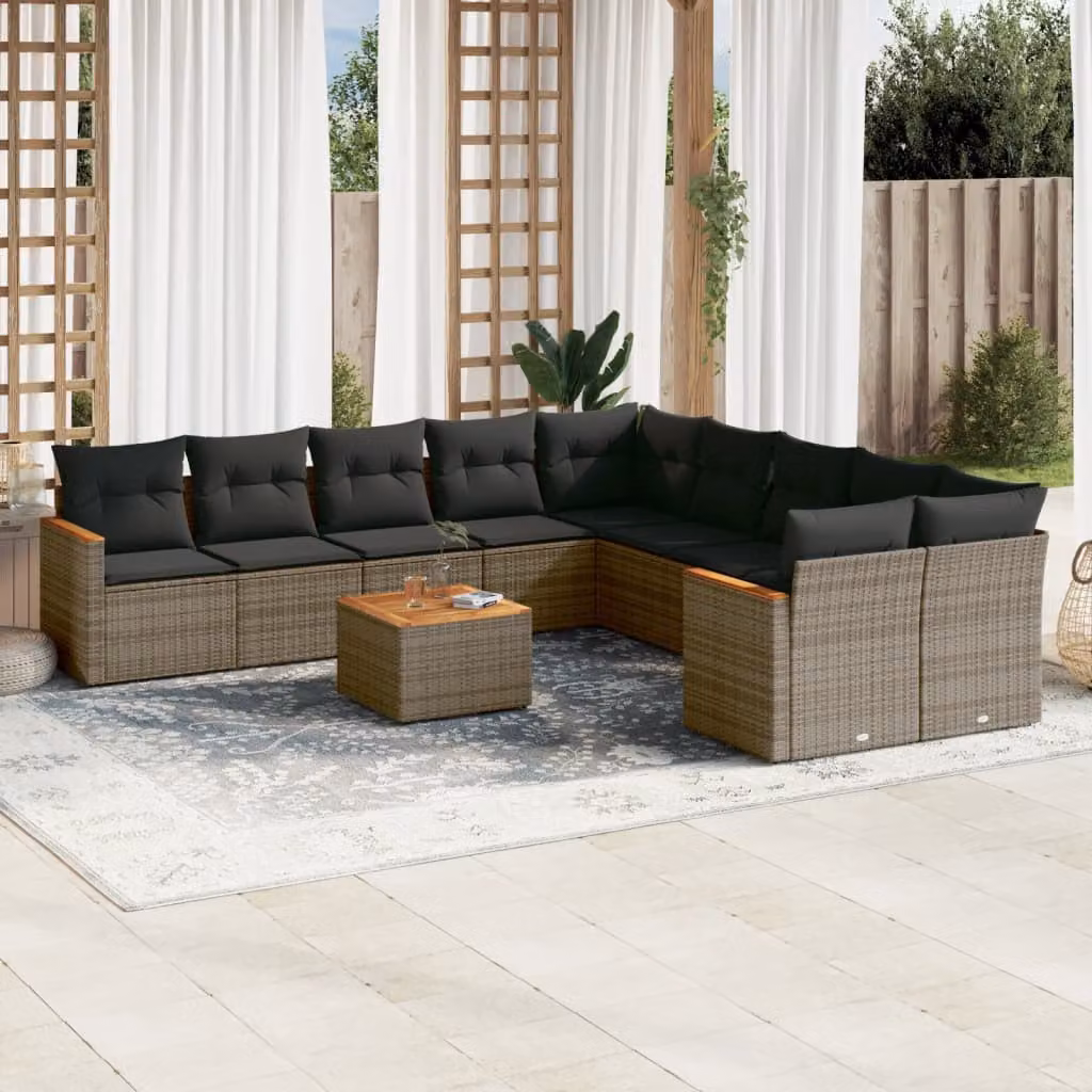 vidaXL Set Divani da Giardino a L 11 pz in Polyrattan Grigio con Cuscini e Tavolino da Esterno – 1